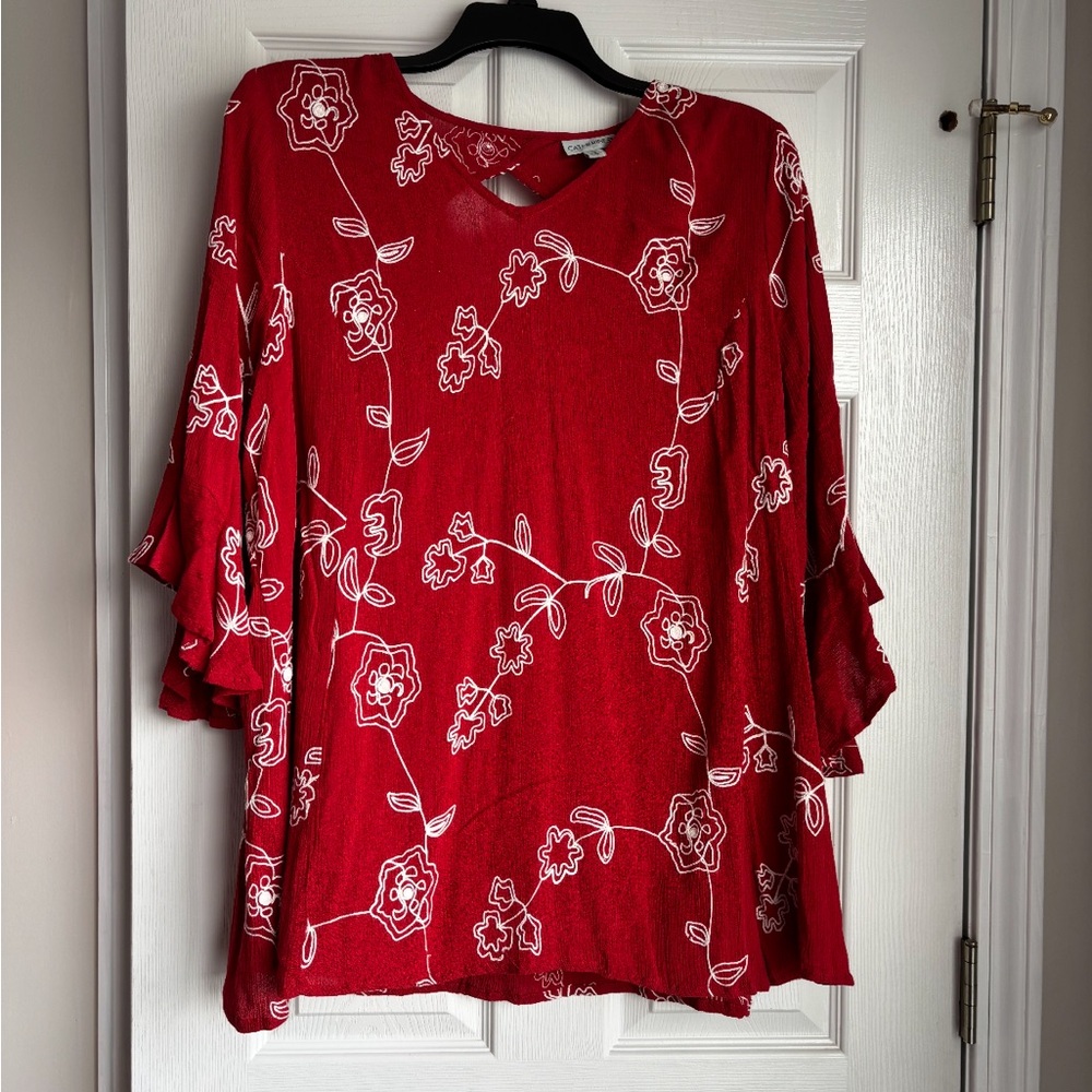 Catherines Red Floral Ruffle-Sleeve Tunic